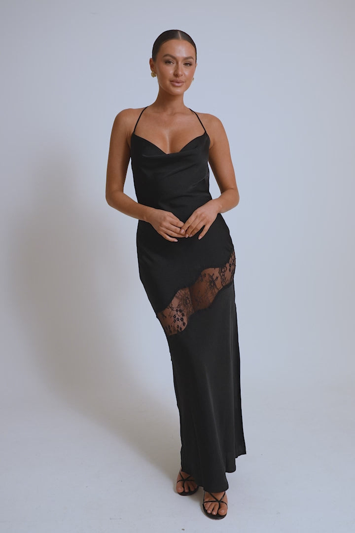 Chandra Lace Detail Satin Maxi Dress - Black
