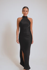 Claire Satin Drape Back Maxi Dress with Split - Black
