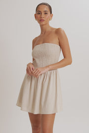 Holland Linen Shirring Mini Dress - Natural