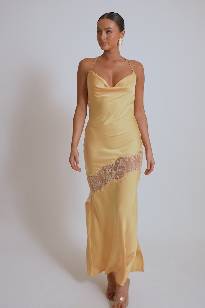 Chandra Lace Detail Satin Maxi Dress - Lemon