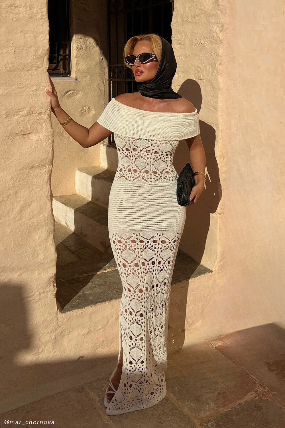 Solstice Off Shoulder Crochet Knit Maxi Dress - Ivory #2