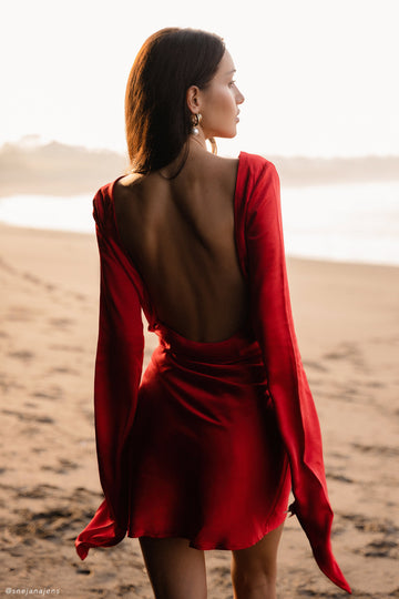 Davina Satin Long Sleeve Mini Dress - Red