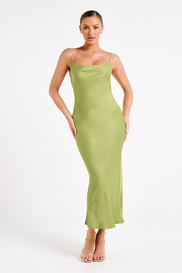 Adela Cowl Midi Dress With Pearl Trim - Parakeet Green