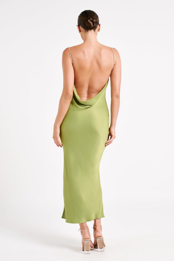 Adela Cowl Midi Dress With Pearl Trim - Parakeet Green