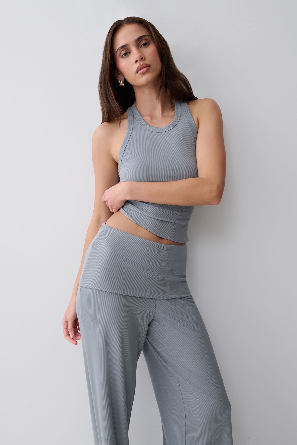Evadne Ribbed Tank - Steel Blue