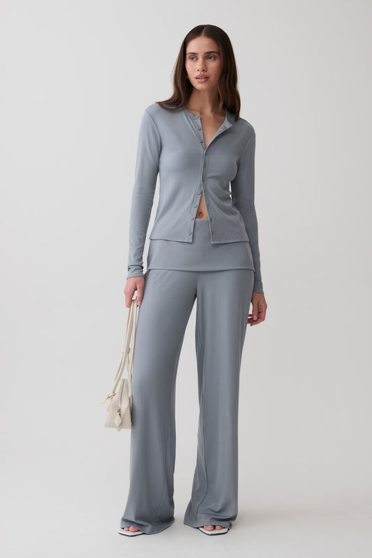 Evadne Button Down Jersey Cardigan - Steel Blue