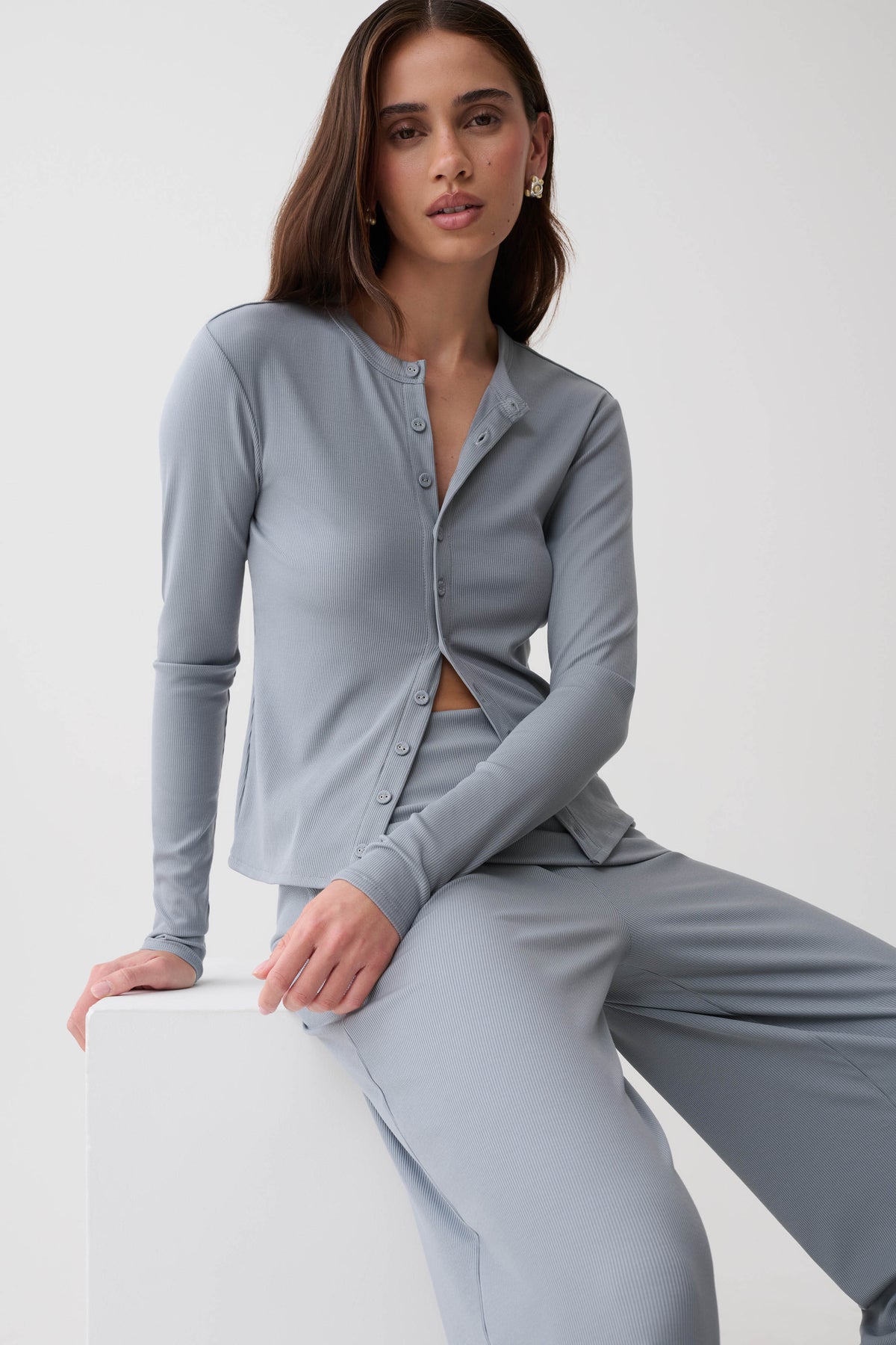Evadne Button Down Jersey Cardigan - Steel Blue