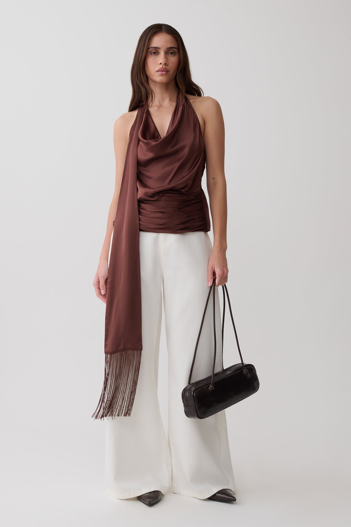 Keena Satin Top With Fringe Scarf - Dark Chocolate