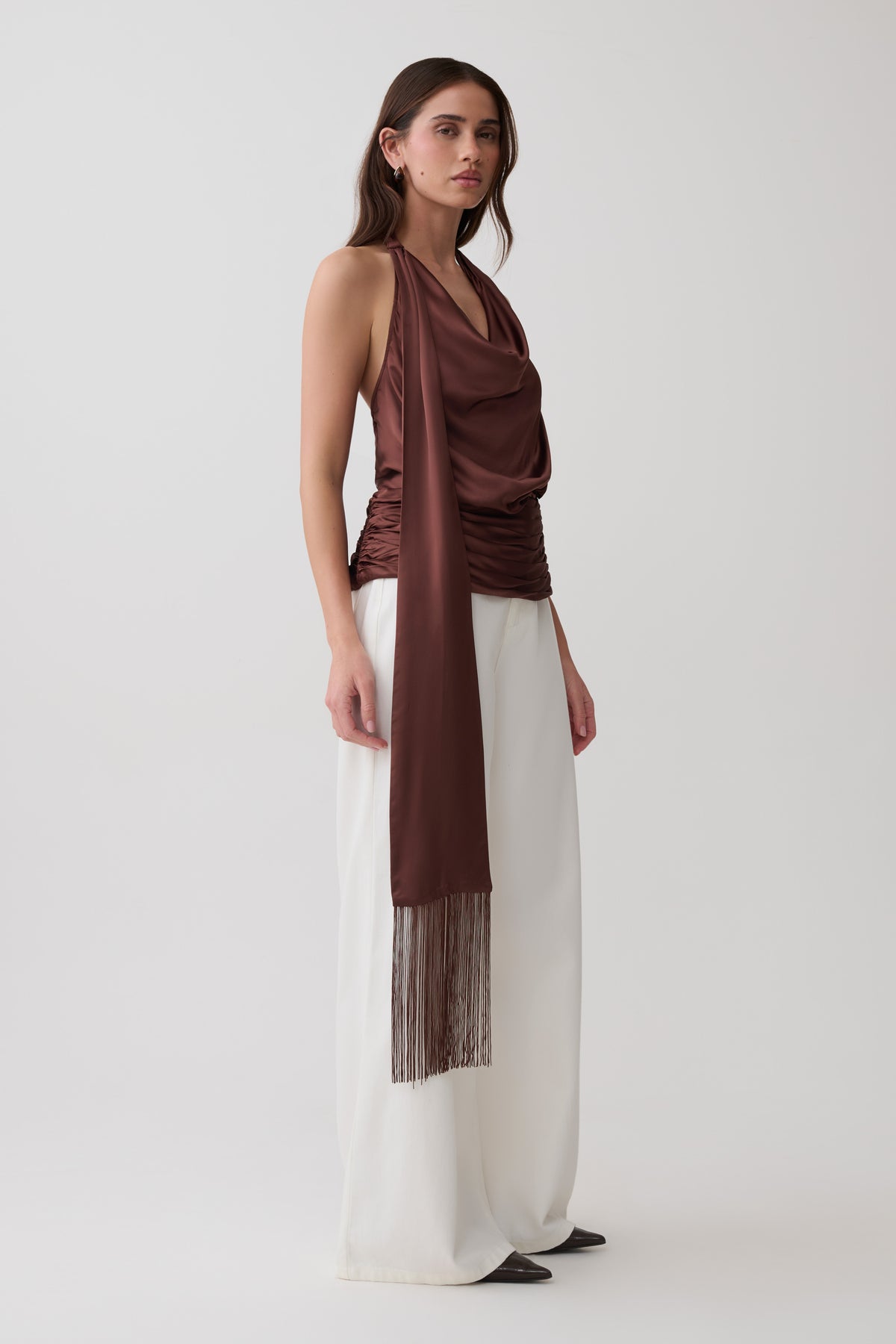 Keena Satin Top With Fringe Scarf - Dark Chocolate