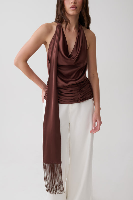 Keena Satin Top With Fringe Scarf - Dark Chocolate