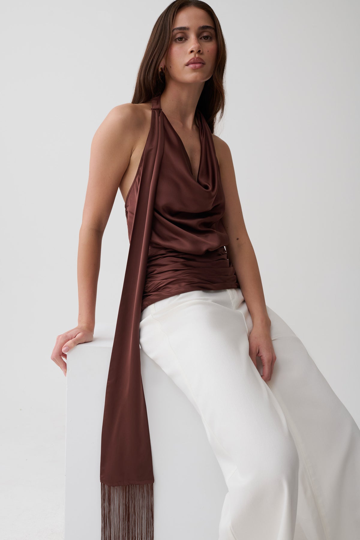 Keena Satin Top With Fringe Scarf - Dark Chocolate