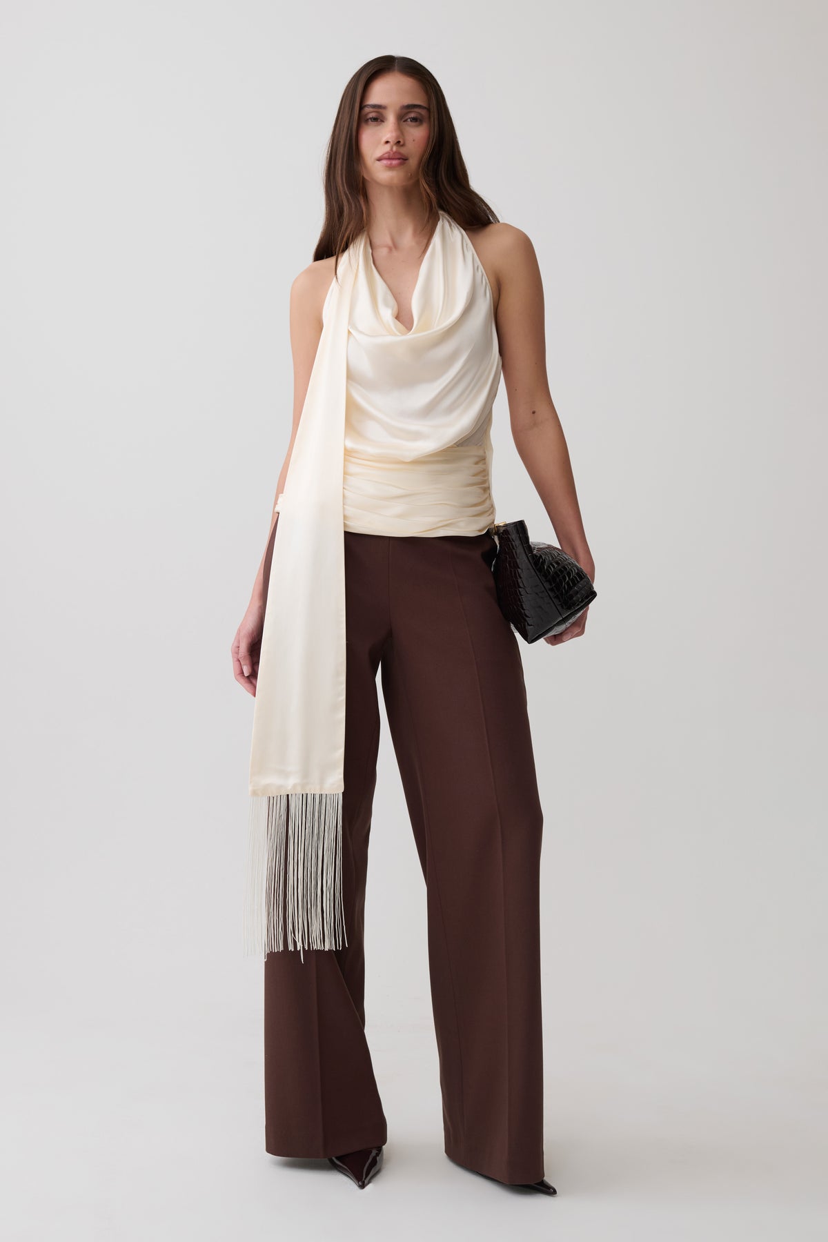 Keena Satin Top With Fringe Scarf - Ivory
