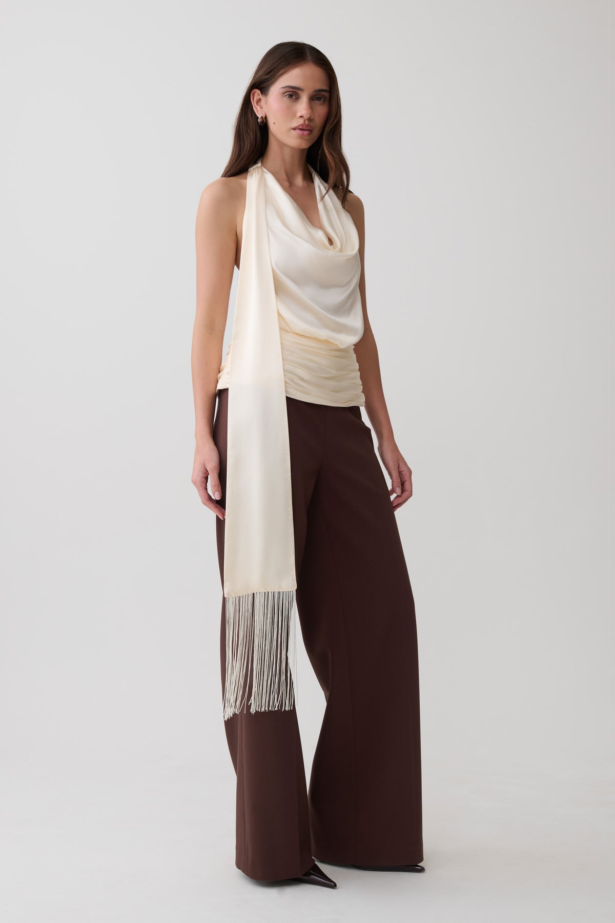 Keena Satin Top With Fringe Scarf - Ivory