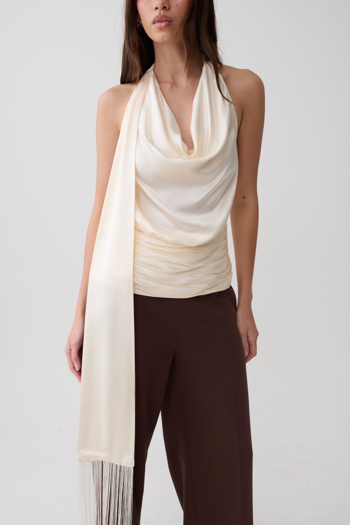 Keena Satin Top With Fringe Scarf - Ivory
