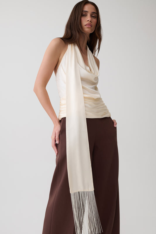 Keena Satin Top With Fringe Scarf - Ivory
