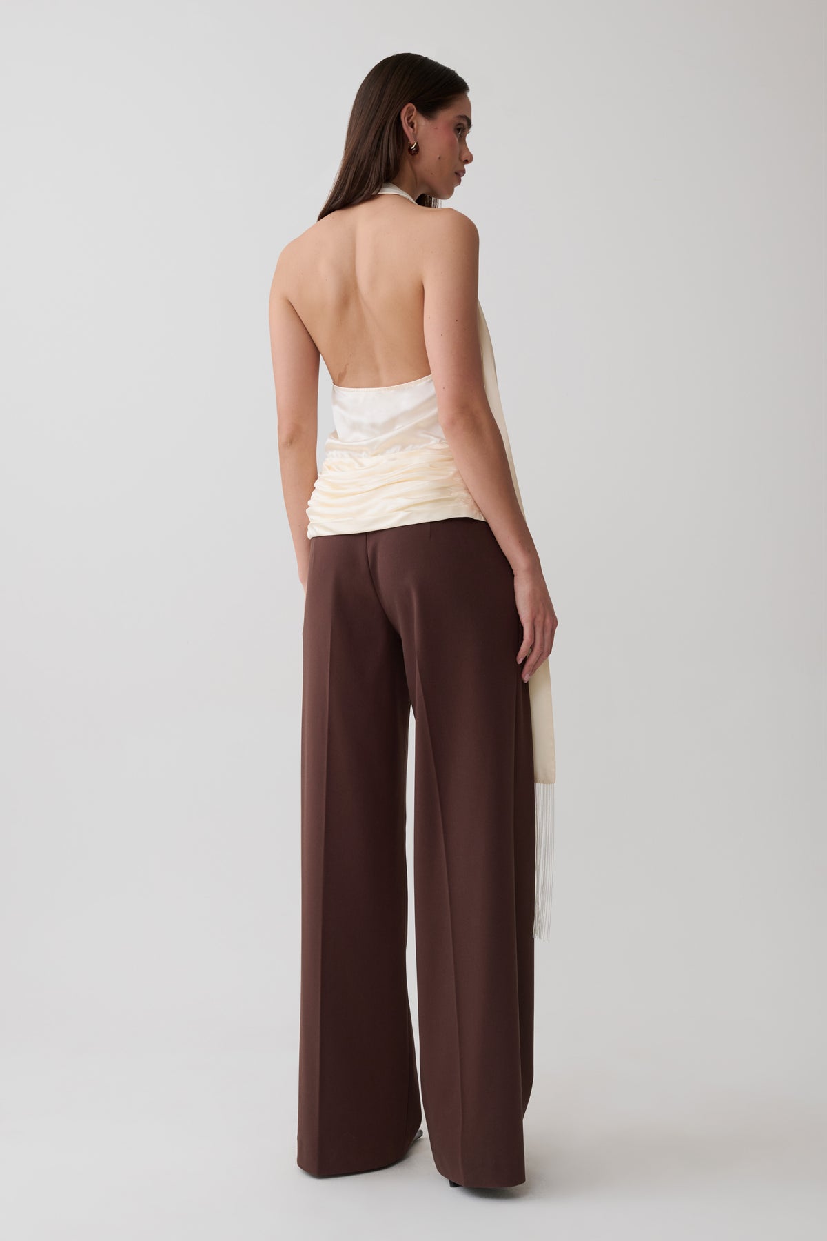 Keena Satin Top With Fringe Scarf - Ivory
