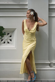 Edie Satin Midi Skirt With Tie - Yellow