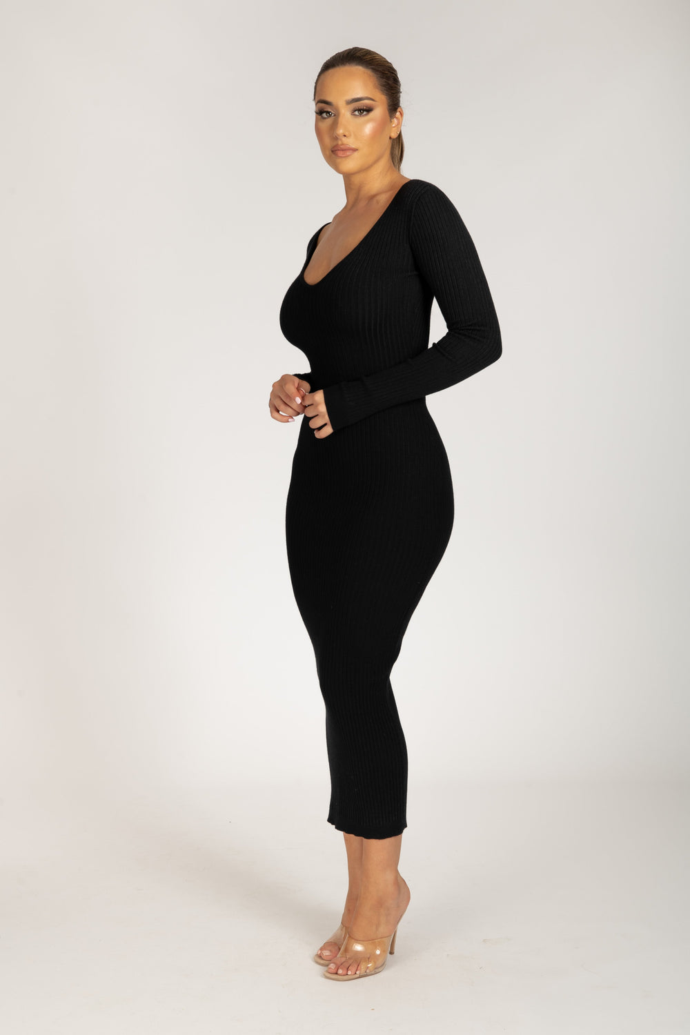 Nina Long Sleeve Knit Midi Dress - Black