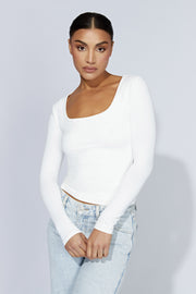 Heather Scooped Long Sleeve Top - White