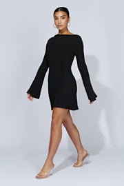 Zahra Long Sleeve Open Back Mini Knit Dress - Black