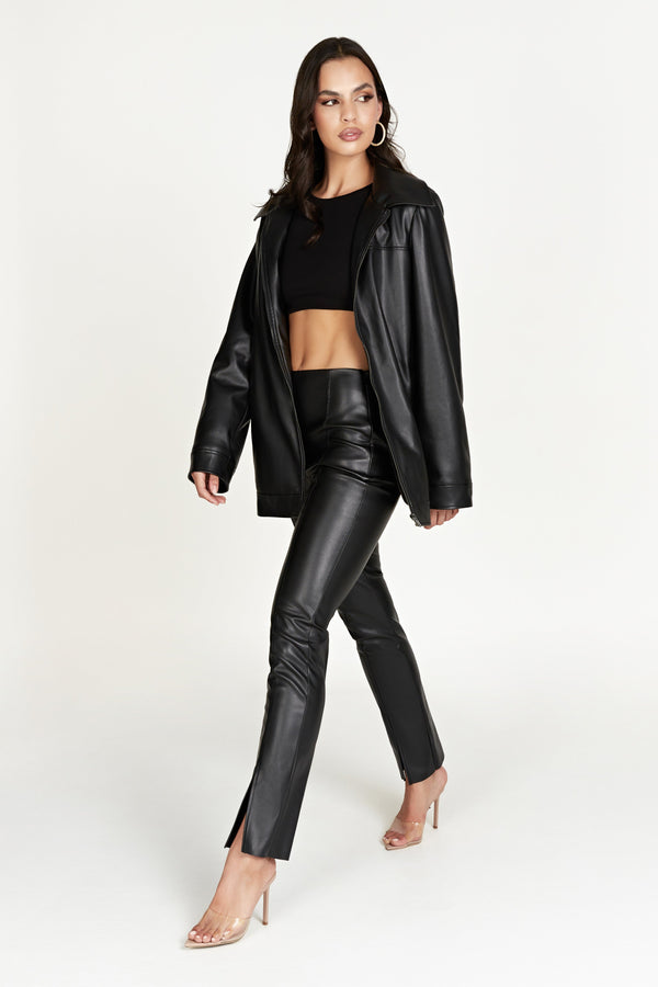 Savannah Faux Leather Aviator Jacket - Black