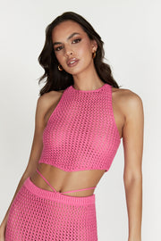 Raquel Crochet Lace Up Back Top - Bubblegum Pink
