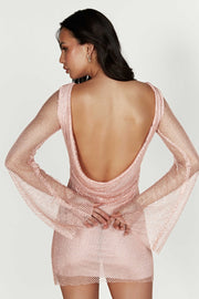 Samira Flare Sleeve Diamante Mesh Mini Dress - Baby Pink