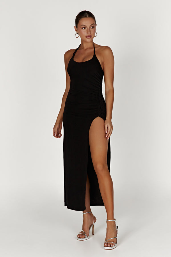 Allison Jersey Ruched Split Maxi Dress - Black