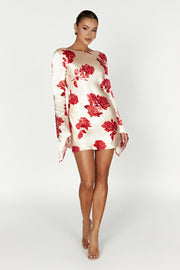 Davina Satin Long Sleeve Mini Dress - Rose Print