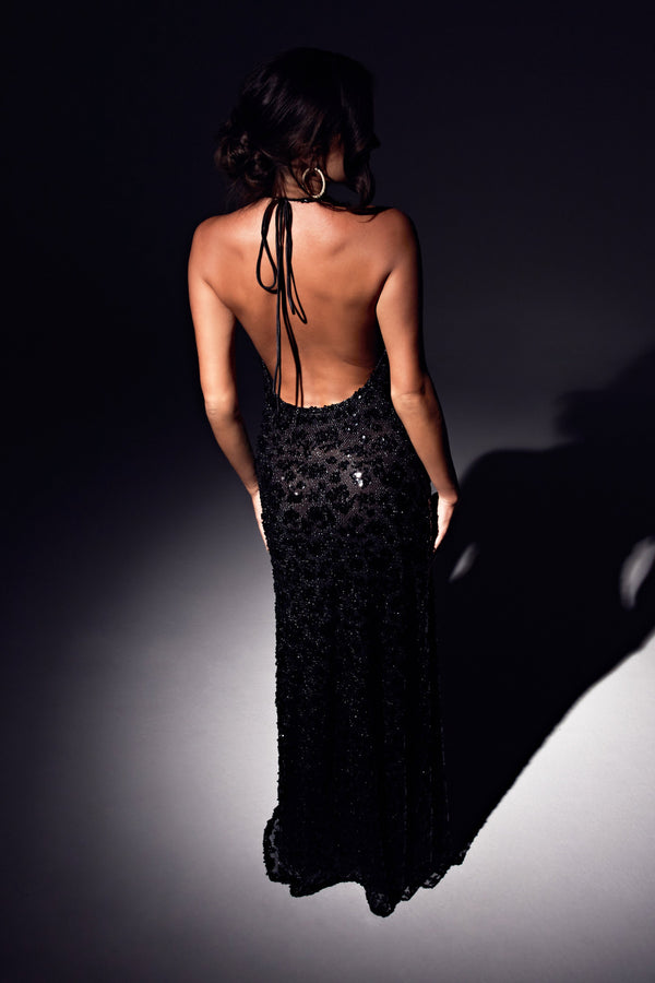 Nicola Plunge Neck Sequin Maxi Dress - Black - MESHKI