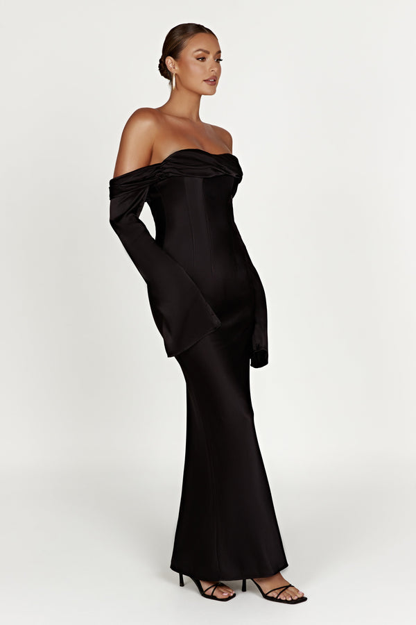 Shop Formal Dress - Giselle  Off Shoulder Cowl Neck Maxi Dress - Black fifth image