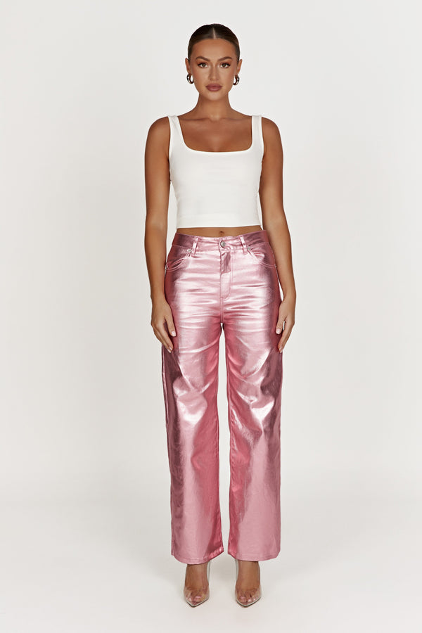 Minnie Metallic Straight Jean - Metallic Pink