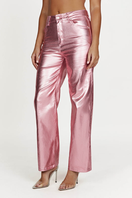 Minnie Metallic Straight Jean - Metallic Pink