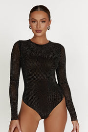 Selma Long Sleeve Diamante Bodysuit - Black