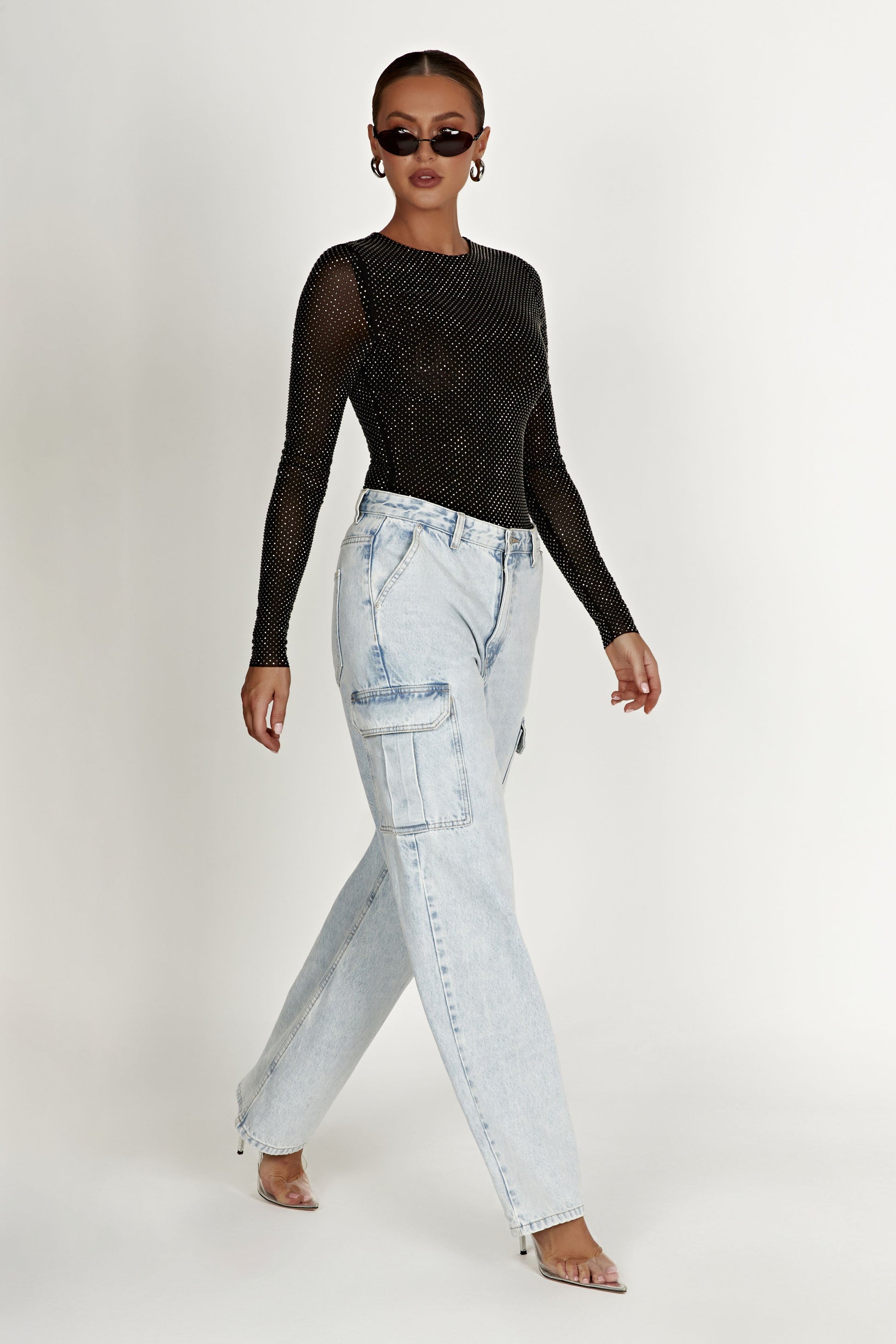 Selma Long Sleeve Diamante Bodysuit - Black #6