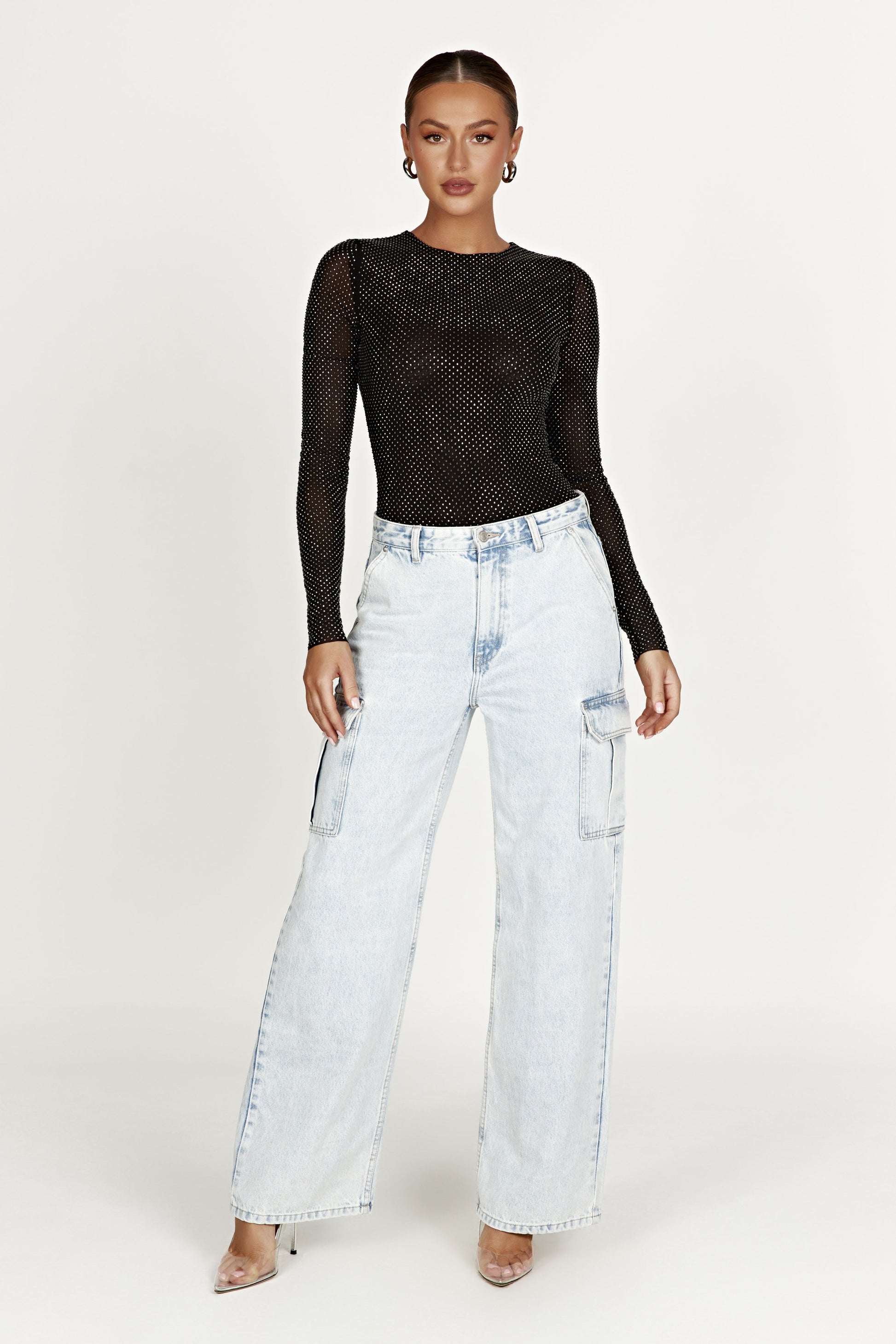 Selma Long Sleeve Diamante Bodysuit - Black #4