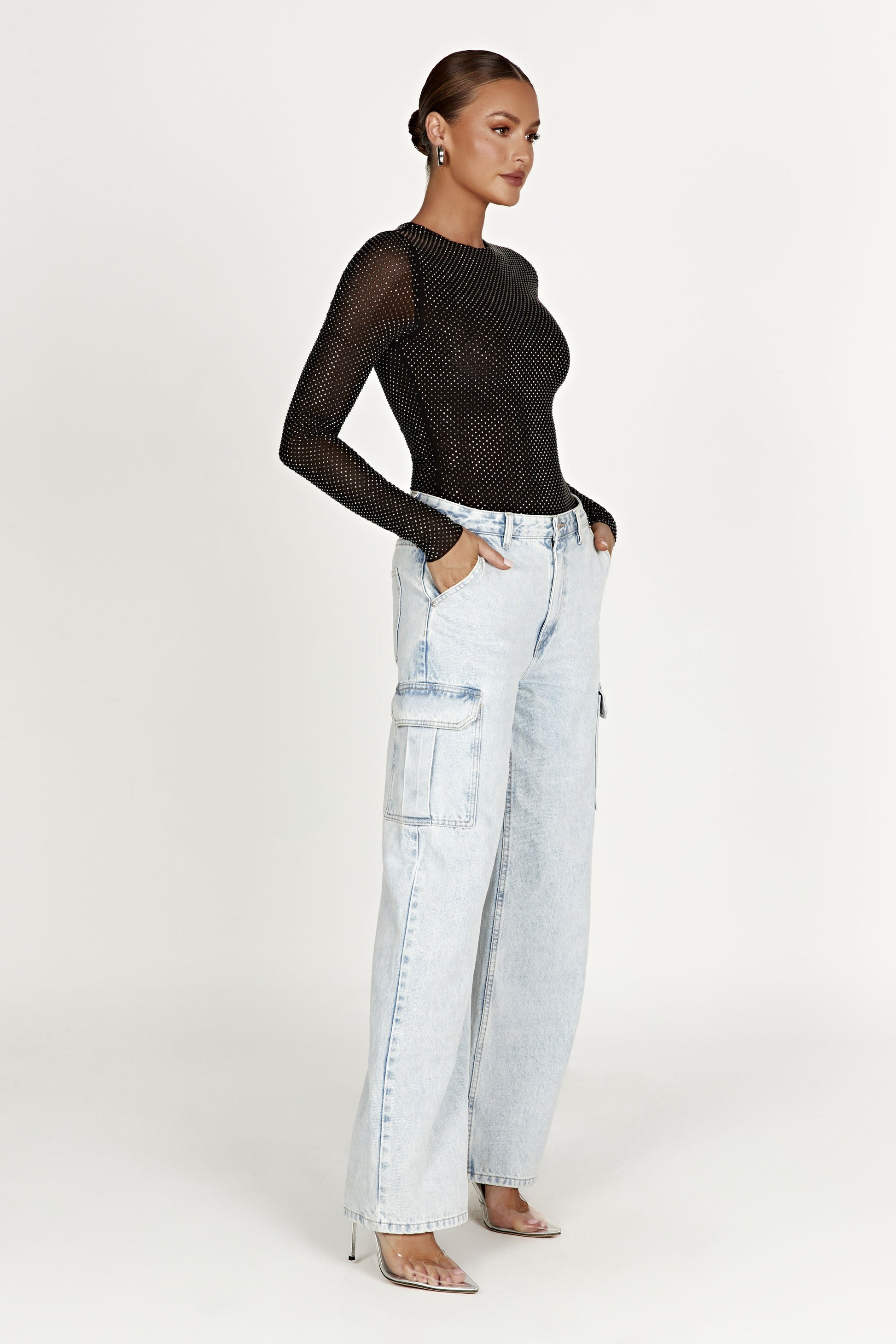 Selma Long Sleeve Diamante Bodysuit - Black #5