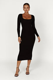 Sierra Scoop Neck Long Sleeve Midi Dress - Black