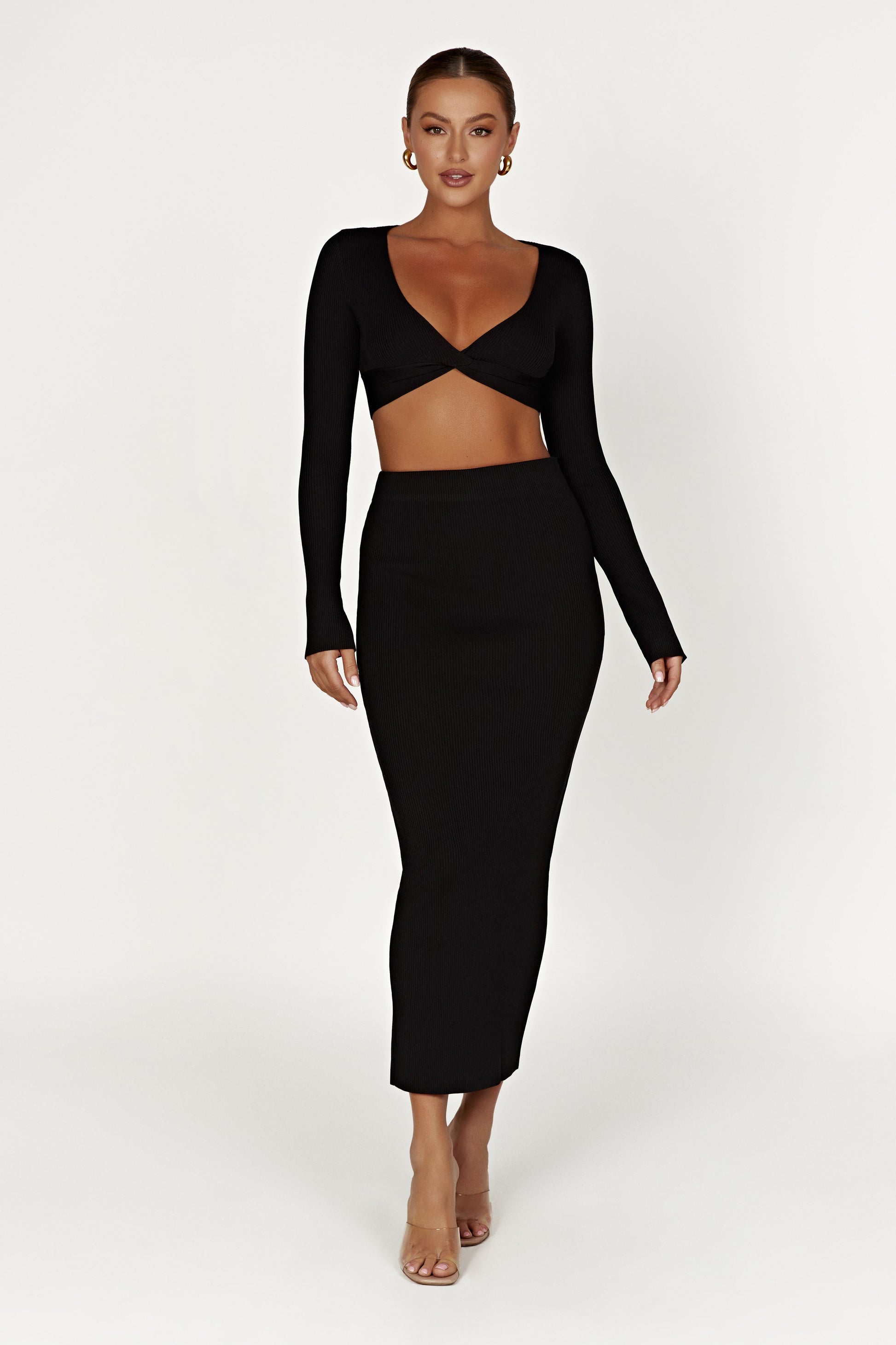 Kaesha Long Sleeve Twist Front Knit Top - Black #4