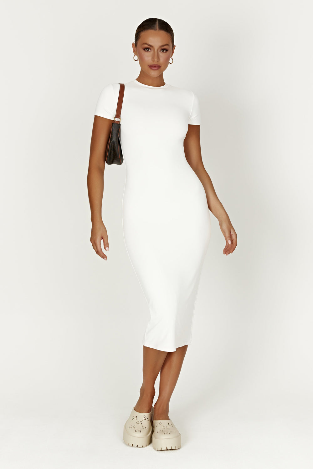 Penny Recycled Nylon Short Sleeve Midi Dress - White