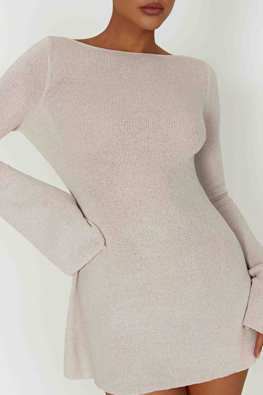 Zahra Long Sleeve Open Back Mini Knit Dress - Grey