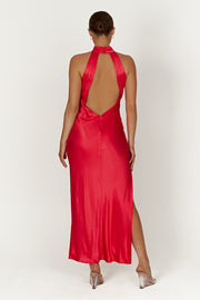 Claire Satin Drape Back Maxi Dress with Split - Red