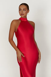 Claire Satin Drape Back Maxi Dress with Split - Red