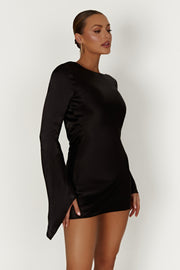 Davina Satin Long Sleeve Mini Dress - Black