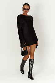 Davina Satin Long Sleeve Mini Dress - Black