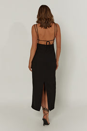 Leana Linen Backless Midi Dress - Black