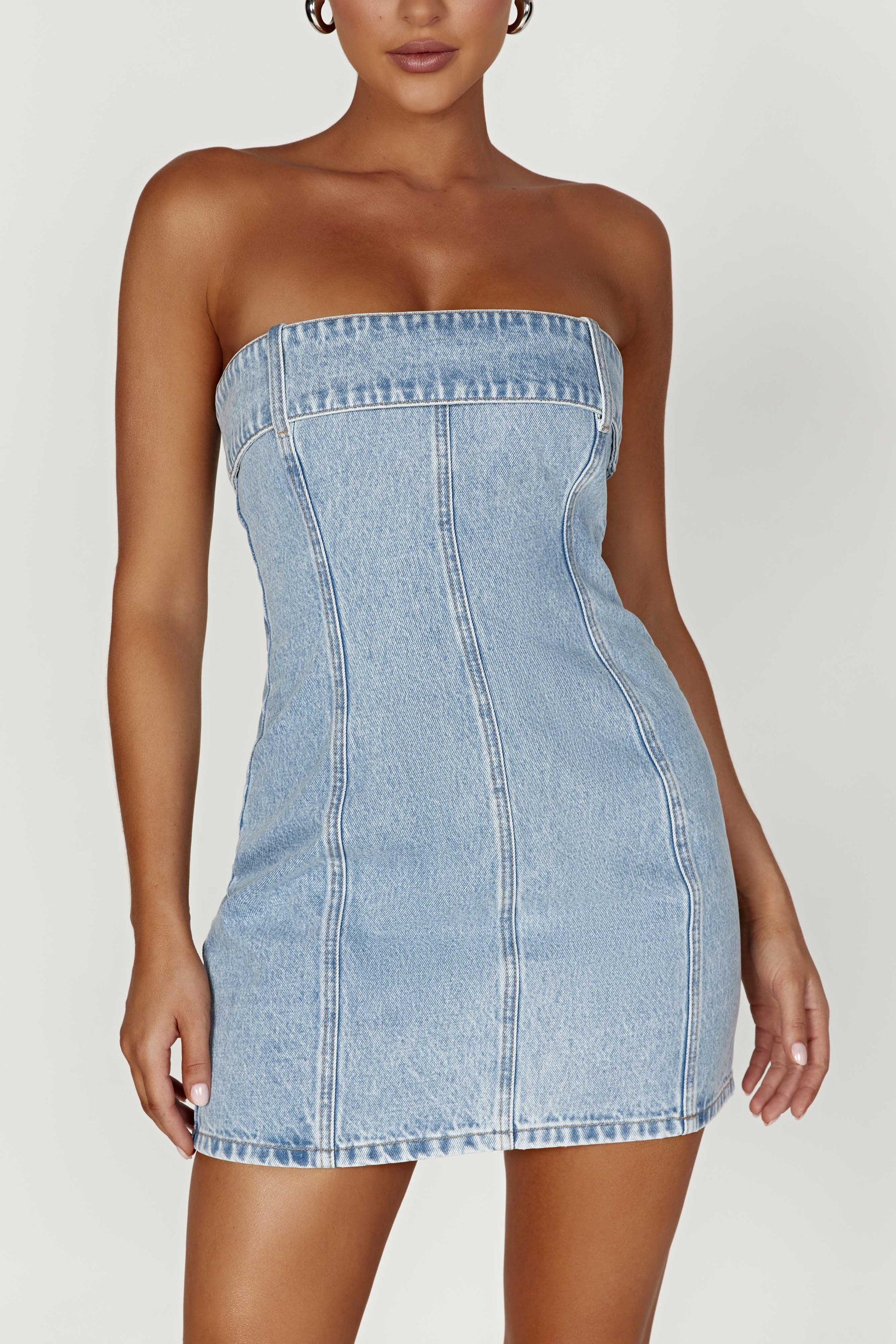 Teddi Denim Mini Dress - Mid Blue #7