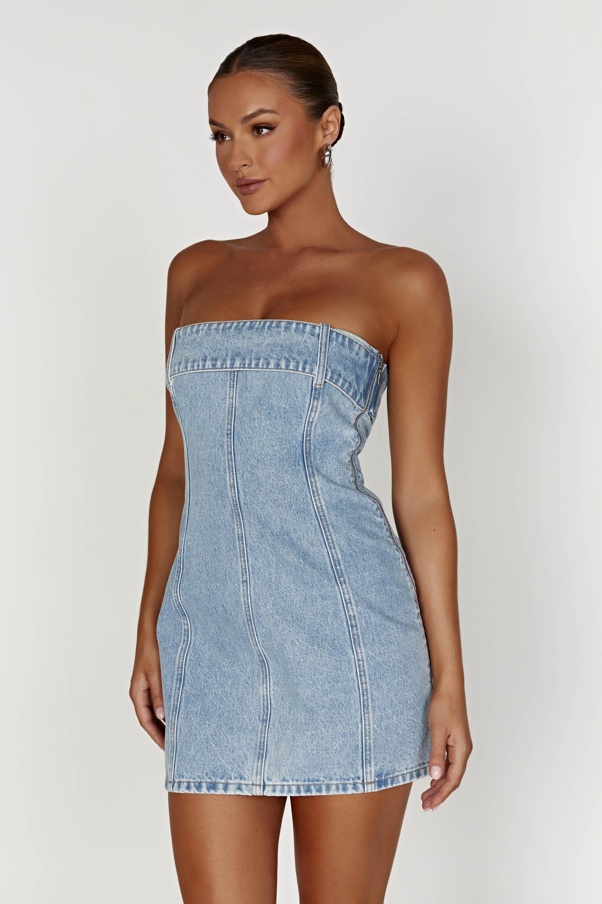 Teddi Denim Mini Dress - Mid Blue #5
