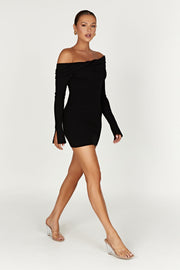 Clover Off Shoulder Knit Mini Dress - Black