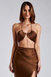 Kimia Satin Ruched Tie Crop Top - Chocolate